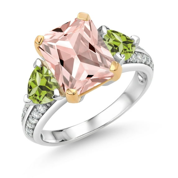 Gem Stone King 925 Sterling Silver and 10k Yellow Gold Peach Nano Morganite and Green Peridot 3 Stone Engagement Ring for Women (4.35 Cttw, Octagon Cut 10X8MM, Size 5)