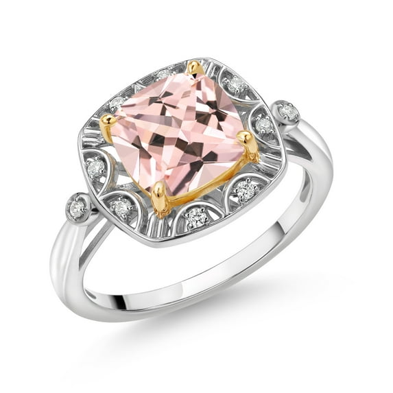 Gem Stone King 925 Sterling Silver and 10k Yellow Gold Peach Nano Morganite and White Lab Grown Diamond Engagement Ring for Women (2.07 Cttw, Cushion Cut 8MM, Size 6)