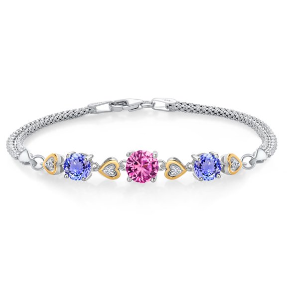 925 Sterling Silver and 10k Yellow Gold Pink Created Sapphire Blue Tanzanite and White Lab Grown Diamond Bracelet for Women (3.54 Cttw, Round 7MM and 6MM, 6.5/7/7.5 inch, Made in Italy)