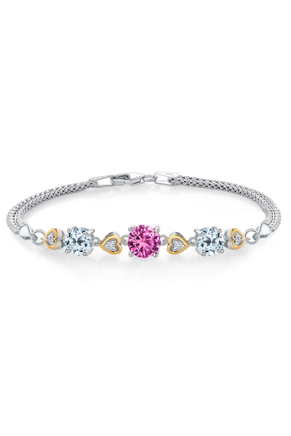 925 Sterling Silver and 10k Yellow Gold Pink Created Sapphire Sky Blue Topaz and White Lab Grown Diamond Bracelet for Women (3.74 Cttw, Round 7MM and 6MM, 6.5/7/7.5 inch, Made in Italy)