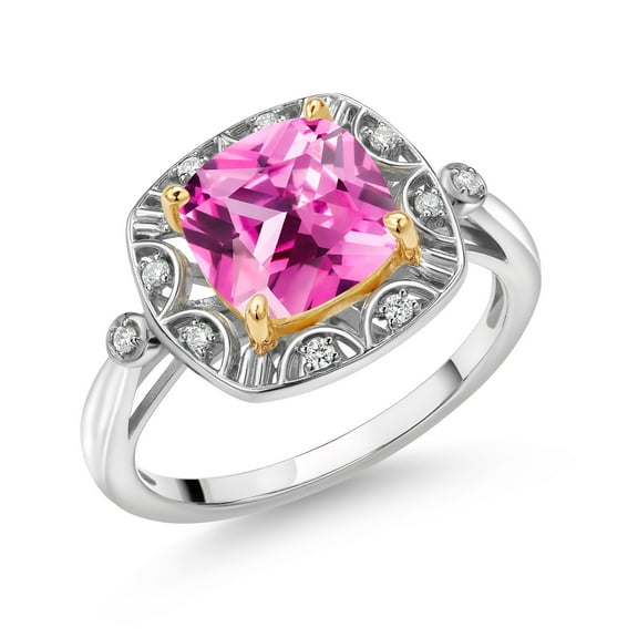 Gem Stone King 925 Sterling Silver and 10k Yellow Gold Pink Created Sapphire and White Lab Grown Diamond Engagement Ring for Women (2.82 Cttw, Cushion Cut 8MM, Size 5)