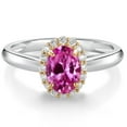 thumbnail image 1 of Gem Stone King 925 Sterling Silver and 10k Yellow Gold Pink Created Sapphire and White Lab Grown Diamond Halo Engagement Ring for Women (1.03 Cttw, Gemstone September Birthstone, Oval 7X5MM, Size 7), 1 of 4