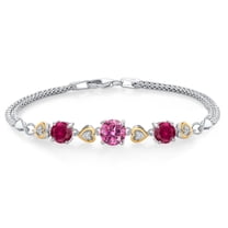 Gem Stone King 925 Sterling Silver and 10k Yellow Gold Pink Moissanite Red Created Ruby and White Lab Grown Diamond Bracelet for Women (3.28 Cttw, Round 7MM and 6MM, 6.5/7/7.5 inch, Made in Italy)