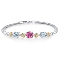 Gem Stone King 925 Sterling Silver and 10k Yellow Gold Pink Moissanite Sky Blue Topaz and White Lab Grown Diamond Bracelet for Women (3.28 Cttw, Round 7MM and 6MM, 6.5/7/7.5 inch, Made in Italy)