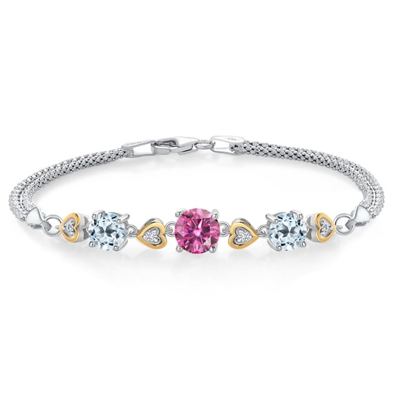 Gem Stone King 925 Sterling Silver and 10k Yellow Gold Pink Moissanite Sky Blue Topaz and White Lab Grown Diamond Bracelet for Women (3.28 Cttw, Round 7MM and 6MM, 6.5/7/7.5 inch, Made in Italy)