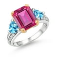 thumbnail image 1 of Gem Stone King 925 Sterling Silver and 10k Yellow Gold Pure Pink Mystic Topaz and Swiss Blue Topaz 3 Stone Engagement Ring for Women (5.35 Cttw, Octagon Cut 10X8MM, Size 7), 1 of 4