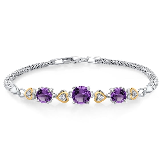 Gem Stone King 925 Sterling Silver and 10k Yellow Gold Purple Amethyst and White Lab Grown Diamond Bracelet for Women (3.28 Cttw, Round 7MM and 6MM, 6.5/7/7.5 inch, Made in Italy)