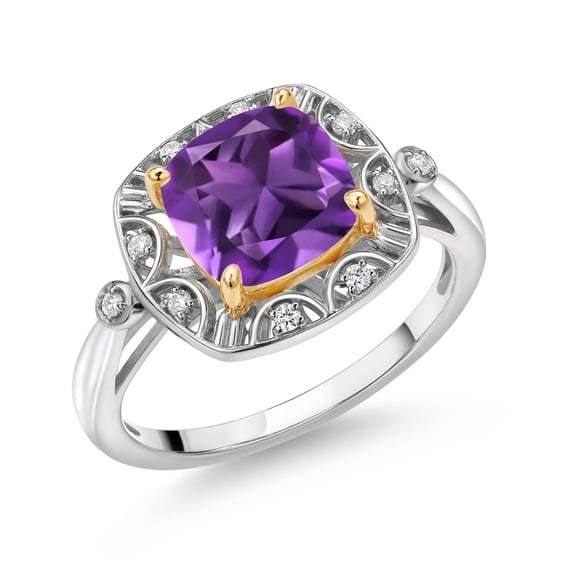 Gem Stone King 925 Sterling Silver and 10k Yellow Gold Purple Amethyst and White Lab Grown Diamond Engagement Ring for Women (2.17 Cttw, Cushion Cut 8MM, Size 5)