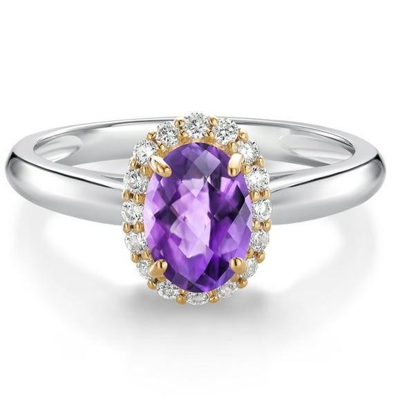 925 Sterling Silver and 10k Yellow Gold Purple Amethyst and White Lab Grown Diamond Halo Engagement Ring for Women (0.88 Cttw, Gemstone February Birthstone, Oval Checkerboard 7X5MM, Size 6)