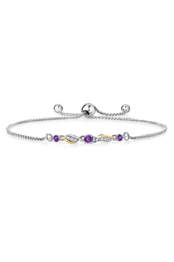 925 Sterling Silver and 10k Yellow Gold Purple Amethyst and White Lab Grown Diamond Tennis Bracelet for Women (0.32 Cttw, Gemstone February Birthstone, Fully Adjustable up to 9 inch)