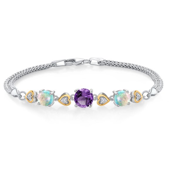 925 Sterling Silver and 10k Yellow Gold Purple Amethyst White Simulated Opal and White Lab Grown Diamond Bracelet for Women (3.28 Cttw, Round 7MM and 6MM, 6.5/7/7.5 inch, Made in Italy)