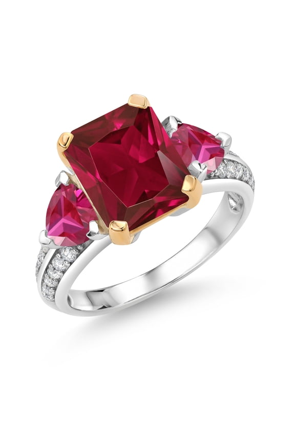 925 Sterling Silver and 10k Yellow Gold Red Created Ruby 3 Stone Engagement Ring for Women (4.85 Cttw, Octagon Cut 10X8MM, Size 5)