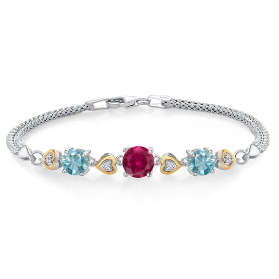 Gem Stone King 925 Sterling Silver and 10k Yellow Gold Red Created Ruby Blue Zircon and White Lab Grown Diamond Bracelet for Women (4.03 Cttw, Round 7MM and 6MM, 6.5/7/7.5 inch, Made in Italy)
