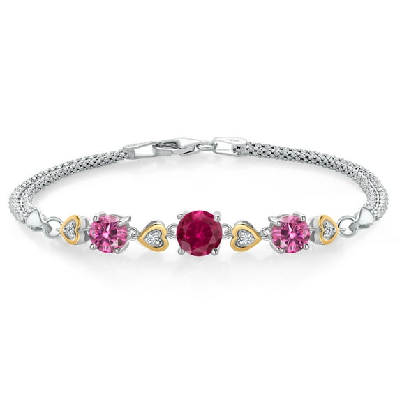 Gem Stone King 925 Sterling Silver and 10k Yellow Gold Red Created Ruby Pink Moissanite and White Lab Grown Diamond Bracelet for Women (3.23 Cttw, Round 7MM and 6MM, 6.5/7/7.5 inch, Made in Italy)