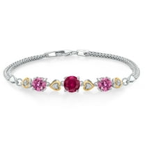 Gem Stone King 925 Sterling Silver and 10k Yellow Gold Red Created Ruby Pink Moissanite and White Lab Grown Diamond Bracelet for Women (3.23 Cttw, Round 7MM and 6MM, 6.5/7/7.5 inch, Made in Italy)