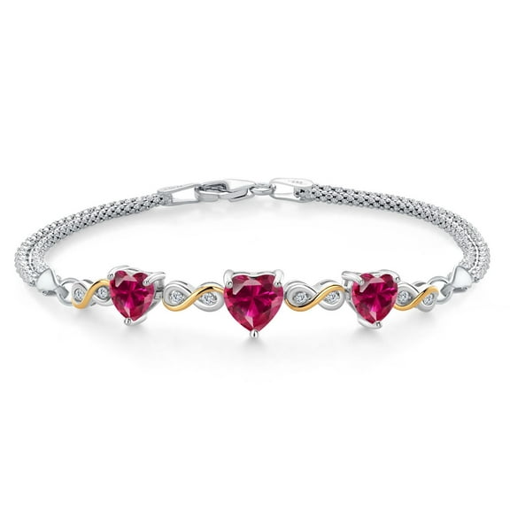Gem Stone King 925 Sterling Silver and 10k Yellow Gold Red Created Ruby and White Lab Grown Diamond Bracelet for Women (3.40 Cttw, Heart 7MM and 6MM, 6.5/7/7.5 inch, Made in Italy)