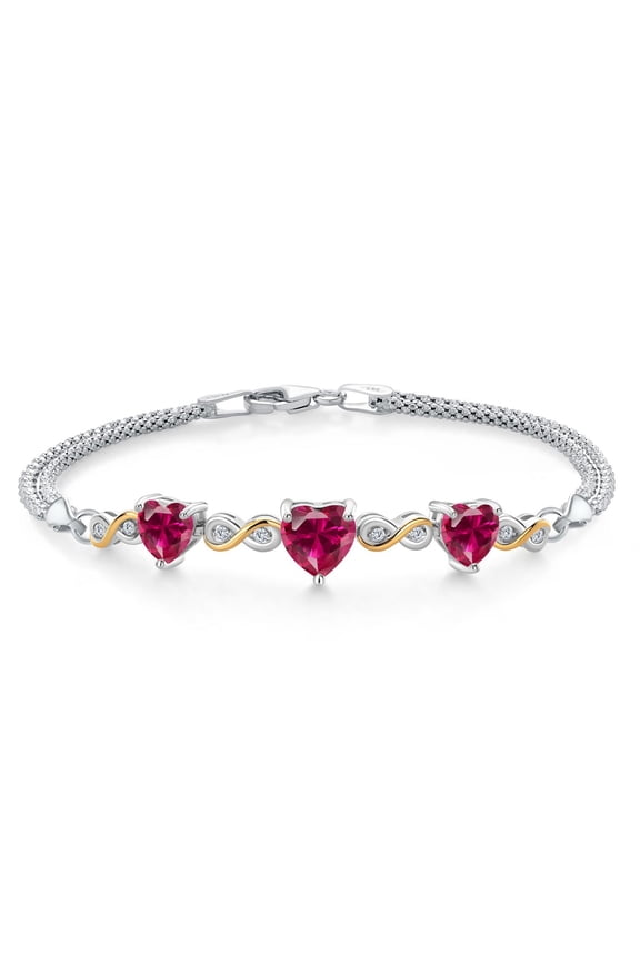 925 Sterling Silver and 10k Yellow Gold Red Created Ruby and White Lab Grown Diamond Bracelet for Women (3.40 Cttw, Heart 7MM and 6MM, 6.5/7/7.5 inch, Made in Italy)
