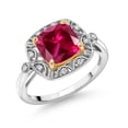 thumbnail image 1 of Gem Stone King 925 Sterling Silver and 10k Yellow Gold Red Created Ruby and White Lab Grown Diamond Engagement Ring for Women (2.57 Cttw, Cushion Cut 8MM, Size 6), 1 of 3