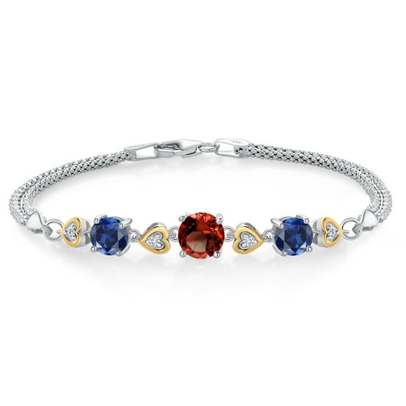 Gem Stone King 925 Sterling Silver and 10k Yellow Gold Red Garnet Blue Created Sapphire and White Lab Grown Diamond Bracelet for Women (3.58 Cttw, Round 7MM and 6MM, 6.5/7/7.5 inch, Made in Italy)