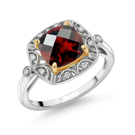 Gem Stone King 925 Sterling Silver and 10k Yellow Gold Red Garnet and White Lab Grown Diamond Engagement Ring for Women (2.57 Cttw, Cushion Checkerboard Cut 8MM, Size 7)