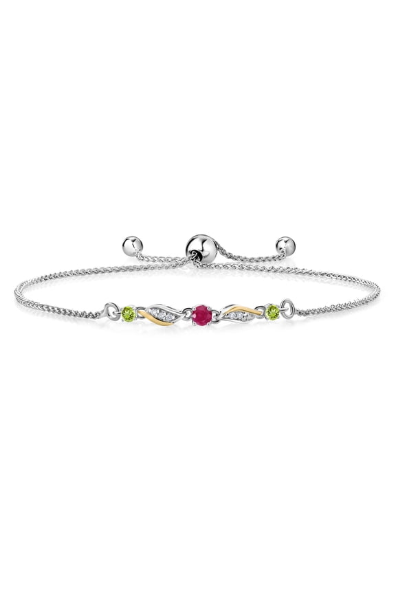 925 Sterling Silver and 10k Yellow Gold Red Ruby Green Peridot and White Lab Grown Diamond Tennis Bracelet for Women (0.43 Cttw, Gemstone July Birthstone, Fully Adjustable up to 9 inch)