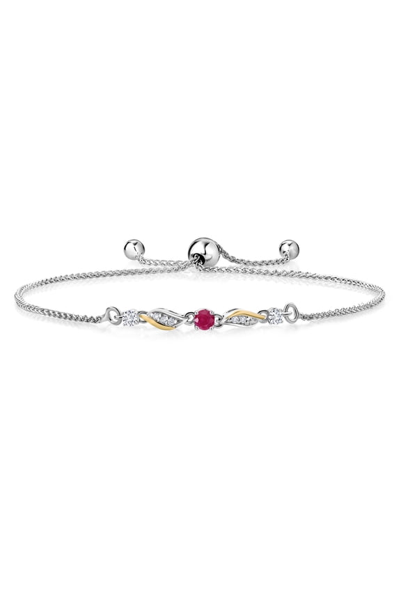 925 Sterling Silver and 10k Yellow Gold Red Ruby and White Lab Grown Diamond Tennis Bracelet for Women (0.42 Cttw, Gemstone July Birthstone, Fully Adjustable up to 9 inch)