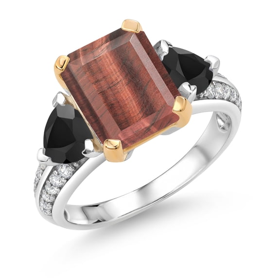 Gem Stone King 925 Sterling Silver and 10k Yellow Gold Red Tiger Eye and Black Onyx 3 Stone Engagement Ring for Women (3.91 Cttw, Emerald Cut Cut 10X8MM, Size 9)