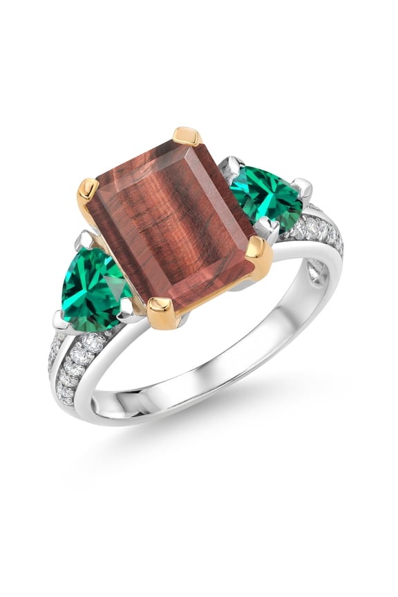 925 Sterling Silver and 10k Yellow Gold Red Tiger Eye and Green Nano Emerald 3 Stone Engagement Ring for Women (4.13 Cttw, Emerald Cut Cut 10X8MM, Size 7)