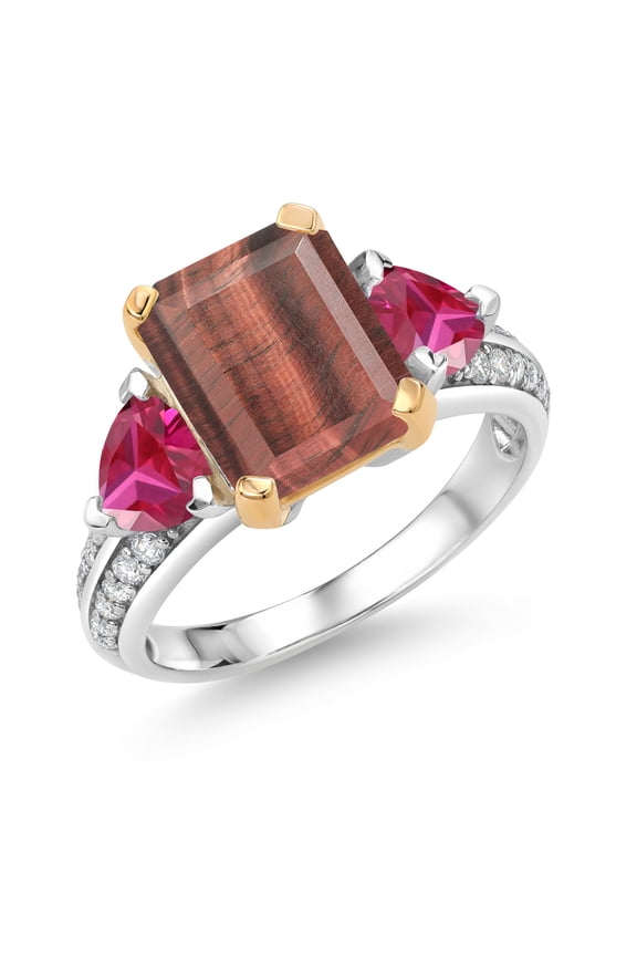 925 Sterling Silver and 10k Yellow Gold Red Tiger Eye and Red Created Ruby 3 Stone Engagement Ring for Women (4.05 Cttw, Emerald Cut Cut 10X8MM, Size 8)