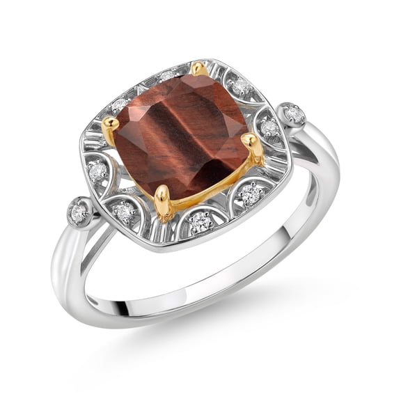 Gem Stone King 925 Sterling Silver and 10k Yellow Gold Red Tiger Eye and White Lab Grown Diamond Engagement Ring for Women (2.07 Cttw, Cushion Cut 8MM, Size 5)