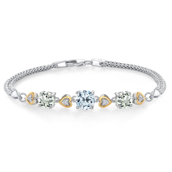 Gem Stone King 925 Sterling Silver and 10k Yellow Gold Sky Blue Topaz Green Prasiolite and White Lab Grown Diamond Bracelet for Women (3.38 Cttw, Round 7MM and 6MM, 6.5/7/7.5 inch, Made in Italy)