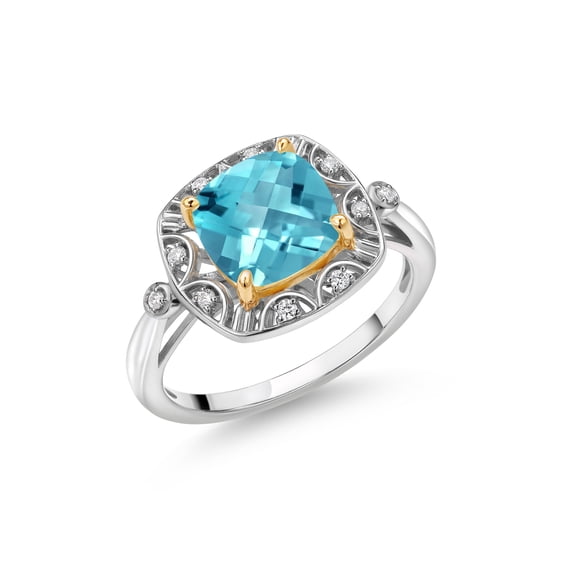 Gem Stone King 925 Sterling Silver and 10k Yellow Gold Swiss Blue Topaz and White Lab Grown Diamond Engagement Ring for Women (2.82 Cttw, Cushion Checkerboard Cut 8MM, Available 5,6,7,8,9)