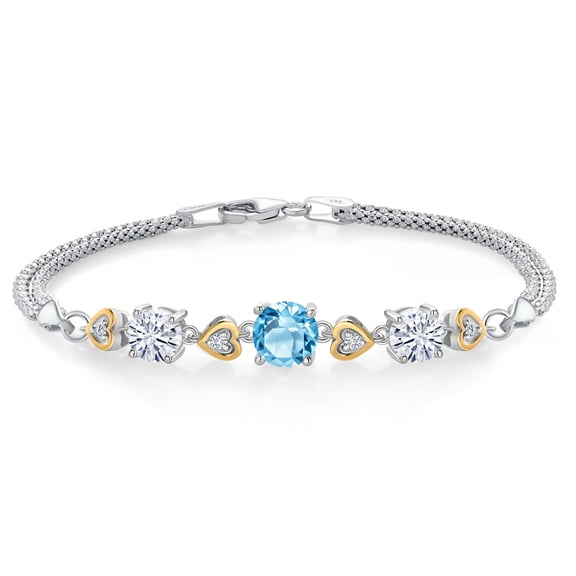 Gem Stone King 925 Sterling Silver and 10k Yellow Gold Swiss Blue Topaz White Moissanite and White Lab Grown Diamond Bracelet for Women (3.33 Cttw, Round 7MM and 6MM, 6.5/7/7.5 inch, Made in Italy)