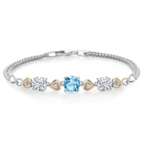 Gem Stone King 925 Sterling Silver and 10k Yellow Gold Swiss Blue Topaz White Moissanite and White Lab Grown Diamond Bracelet for Women (3.33 Cttw, Round 7MM and 6MM, 6.5/7/7.5 inch, Made in Italy)
