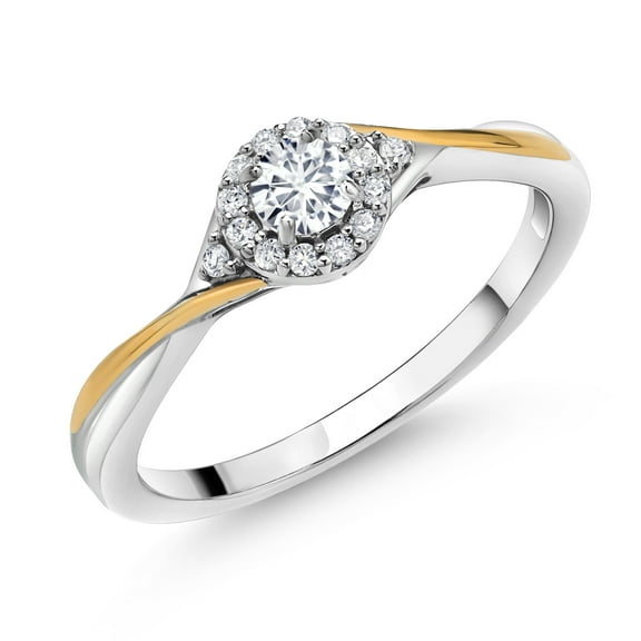 Gem Stone King 925 Sterling Silver and 10k Yellow Gold White Lab Grown Diamond Engagement Wedding Anniversary Halo Ring for Women (0.27 Cttw, Round 3.5MM, Size 7)