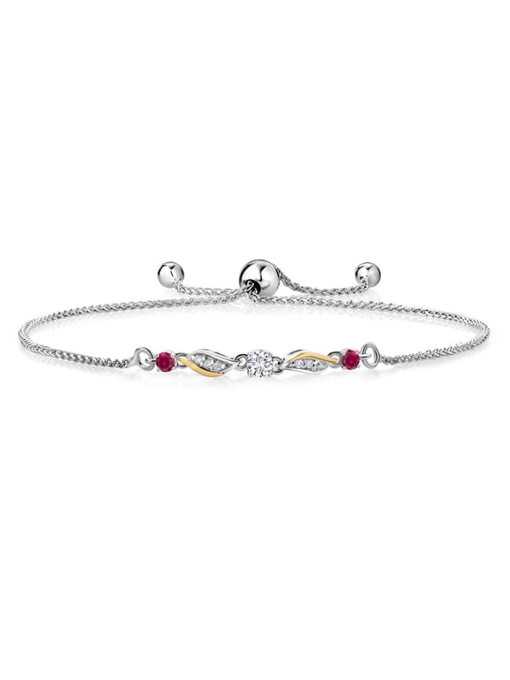 925 Sterling Silver and 10k Yellow Gold White Lab Grown Diamond and Red Created Ruby Tennis Bracelet for Women (0.33 Cttw, Gemstone April Birthstone, Fully Adjustable up to 9 inch)