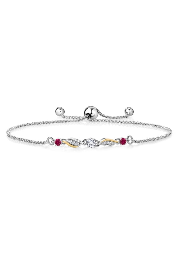 925 Sterling Silver and 10k Yellow Gold White Lab Grown Diamond and Red Created Ruby Tennis Bracelet for Women (0.33 Cttw, Gemstone April Birthstone, Fully Adjustable up to 9 inch)