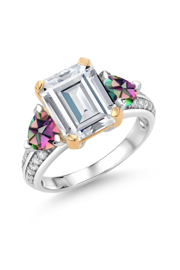 925 Sterling Silver and 10k Yellow Gold White Moissanite and Green Mystic Topaz 3 Stone Engagement Ring for Women (4.94 Cttw, Emerald Cut Cut 10X8MM, Size 7)