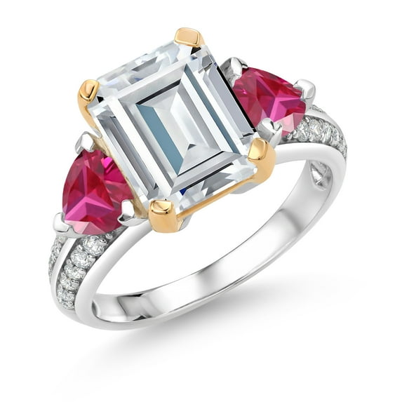 Gem Stone King 925 Sterling Silver and 10k Yellow Gold White Moissanite and Red Created Ruby 3 Stone Engagement Ring for Women (4.60 Cttw, Emerald Cut Cut 10X8MM, Size 8)