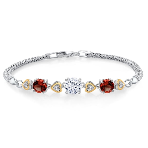 Gem Stone King 925 Sterling Silver and 10k Yellow Gold White Moissanite Red Garnet and White Lab Grown Diamond Bracelet for Women (3.28 Cttw, Round 7MM and 6MM, 6.5/7/7.5 inch, Made in Italy)