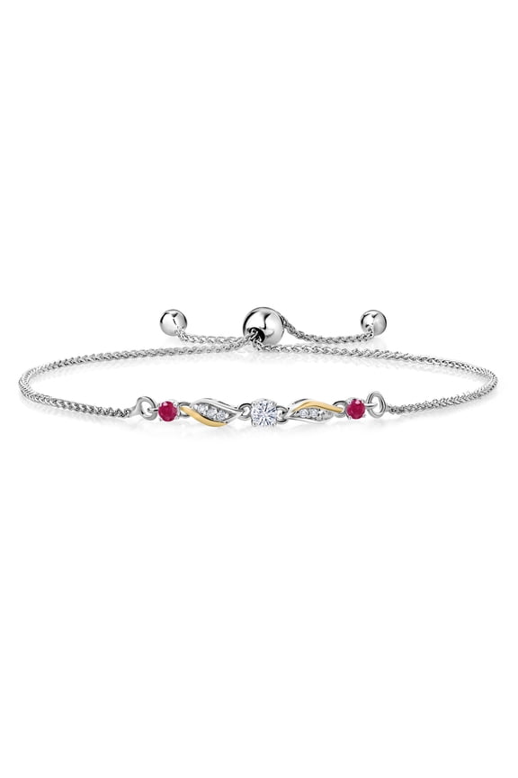 925 Sterling Silver and 10k Yellow Gold White Moissanite Red Ruby and White Lab Grown Diamond Tennis Bracelet for Women (0.32 Cttw, Gemstone, Fully Adjustable up to 9 inch)
