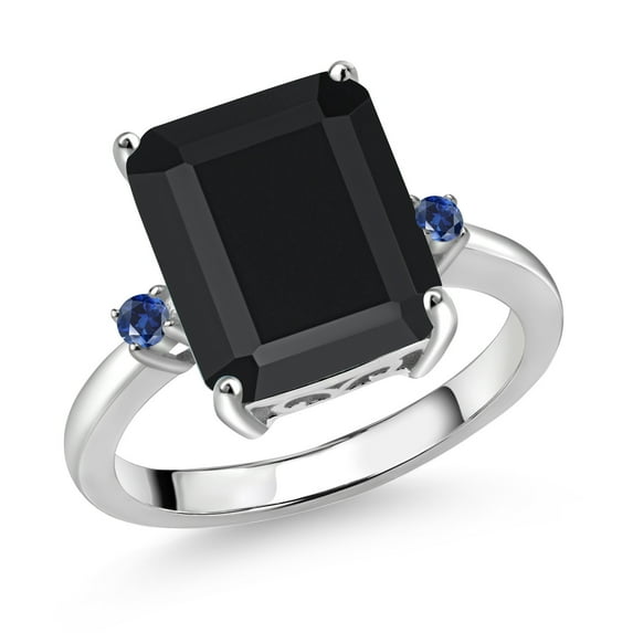 Gem Stone King 925 Sterling Silver 12X10MM Black Onyx and 2MM Blue Created Sapphire 3 Stone Engagement Ring for Women | 5.86 Cttw | Gemstone December Birthstone | Size 8