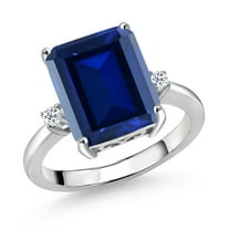 Gem Stone King 925 Sterling Silver 12X10MM Blue Simulated Sapphire and 2MM White Topaz 3 Stone Engagement Ring for Women | 6.78 Cttw | Gemstone September Birthstone | Size 5