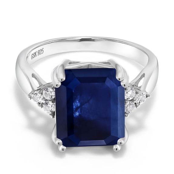 Gem Stone King 925 Sterling Silver 12X10MM Emerald Cut Blue Sapphire Gemstone Birthstone Ring | Wedding Engagement Anniversary Promise Ring for Women | Available in Size 5, 6, 7, 8, 9