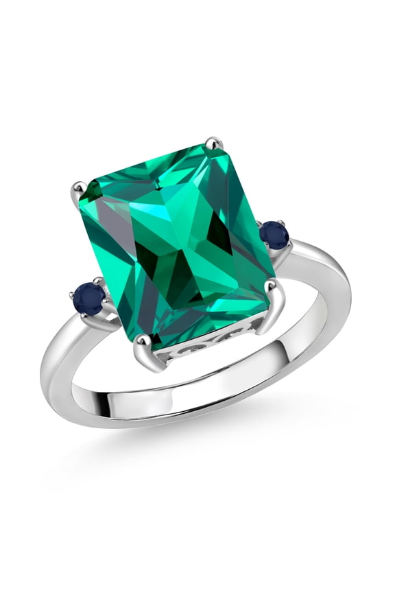 925 Sterling Silver 12X10MM Green Nano Emerald and 2MM Blue Sapphire 3 Stone Engagement Ring for Women | 5.57 Cttw | Gemstone May Birthstone | Size 9
