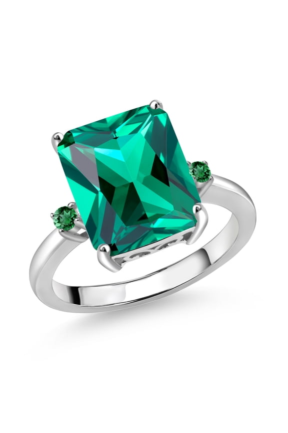 925 Sterling Silver 12X10MM Green Nano Emerald 3 Stone Engagement Ring for Women | 5.53 Cttw | Gemstone May Birthstone | Size 5
