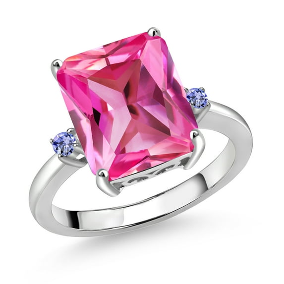 Gem Stone King 925 Sterling Silver 12X10MM Pink Created Sapphire and 2MM Blue Tanzanite 3 Stone Engagement Ring for Women | 6.68 Cttw | Gemstone September Birthstone | Size 9