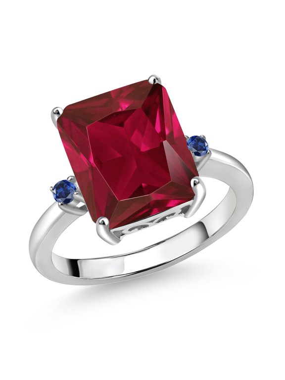 925 Sterling Silver 12X10MM Red Created Ruby and 2MM Blue Created Sapphire 3 Stone Engagement Ring for Women | 5.79 Cttw | Gemstone July Birthstone | Size 5