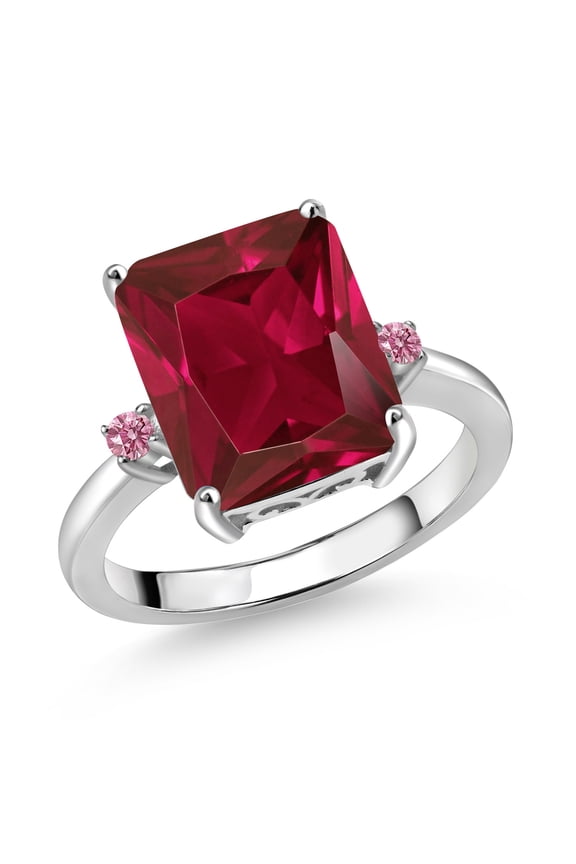 925 Sterling Silver 12X10MM Red Created Ruby and 2MM Pink Lab Grown Diamond 3 Stone Engagement Ring for Women | 5.78 Cttw | Gemstone July Birthstone | Size 5
