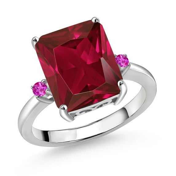 Gem Stone King 925 Sterling Silver 12X10MM Red Created Ruby and 2MM Pink Sapphire 3 Stone Engagement Ring for Women | 5.80 Cttw | Gemstone July Birthstone | Size 8
